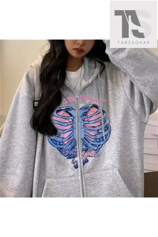 Skeleton Heart Sweatshirt Zip-Up Hoodie-gray heart - 1
