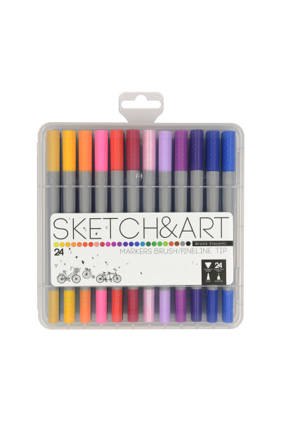 SKETCH&ART Ikki tomonlama cho'tka qalam va fineliner (Cho'tka uchi + ingichka uchi) 24 rang - BRUNO VISCONTI