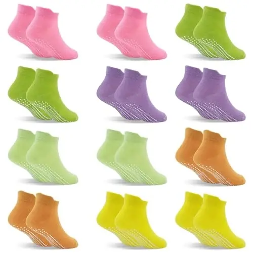 SkiBeaut 12 Pairs Toddler Non Slip Kid Boy Girl Socks with Grips, Toddlers Child Anti Skid Sticky Gripper Socks 1-7 Years Old - 7