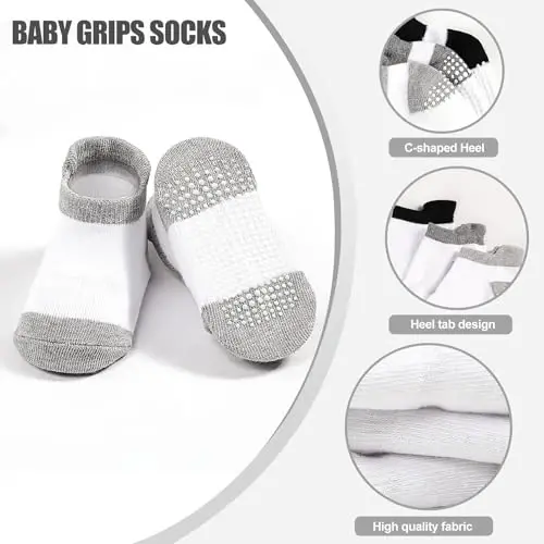 SkiBeaut 12 Pairs Toddler Non Slip Kid Boy Girl Socks with Grips, Toddlers Child Anti Skid Sticky Gripper Socks 1-7 Years Old - 5