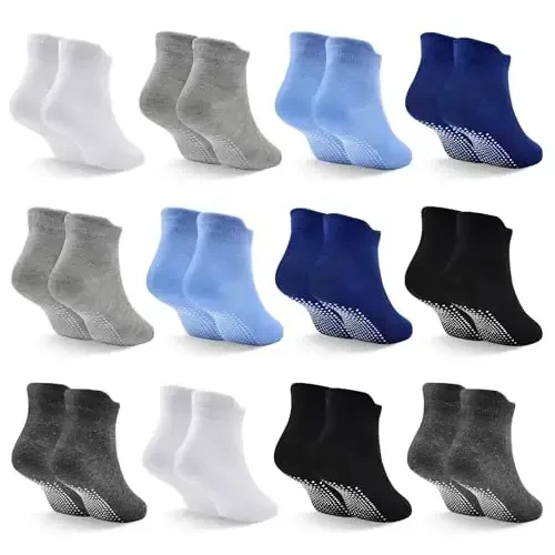 SkiBeaut 12 Pairs Toddler Non Slip Kid Boy Girl Socks with Grips, Toddlers Child Anti Skid Sticky Gripper Socks 1-7 Years Old - 7