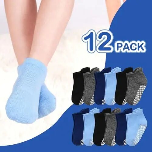 SkiBeaut 12 Pairs Toddler Non Slip Kid Boy Girl Socks with Grips, Toddlers Child Anti Skid Sticky Gripper Socks 1-7 Years Old - SKIBEAUT