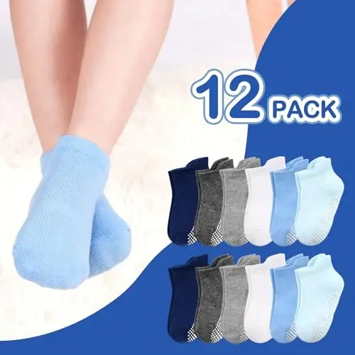 SkiBeaut 12 Pairs Toddler Non Slip Kid Boy Girl Socks with Grips, Toddlers Child Anti Skid Sticky Gripper Socks 1-7 Years Old - 6