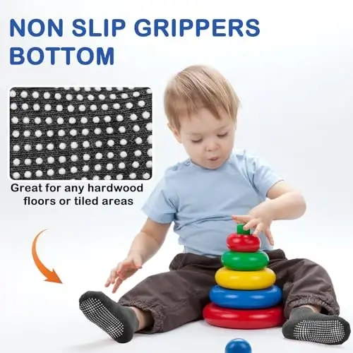 SkiBeaut 12 Pairs Toddler Non Slip Kid Boy Girl Socks with Grips, Toddlers Child Anti Skid Sticky Gripper Socks 1-7 Years Old - 4