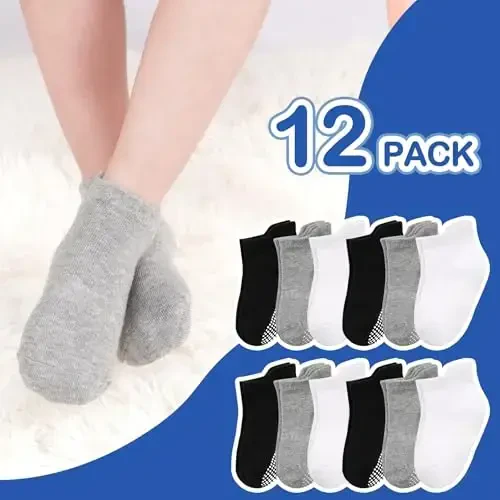 SkiBeaut 12 Pairs Toddler Non Slip Kid Boy Girl Socks with Grips, Toddlers Child Anti Skid Sticky Gripper Socks 1-7 Years Old - 5