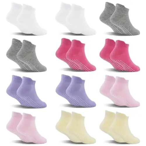 SkiBeaut 12 Pairs Toddler Non Slip Kid Boy Girl Socks with Grips, Toddlers Child Anti Skid Sticky Gripper Socks 1-7 Years Old 