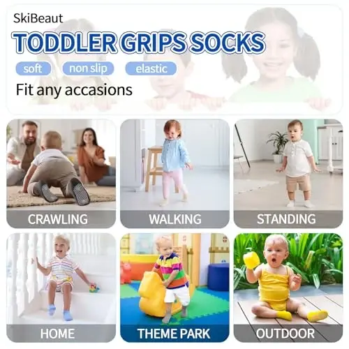 SkiBeaut 12 Pairs Toddler Non Slip Kid Boy Girl Socks with Grips, Toddlers Child Anti Skid Sticky Gripper Socks 1-7 Years Old - 5