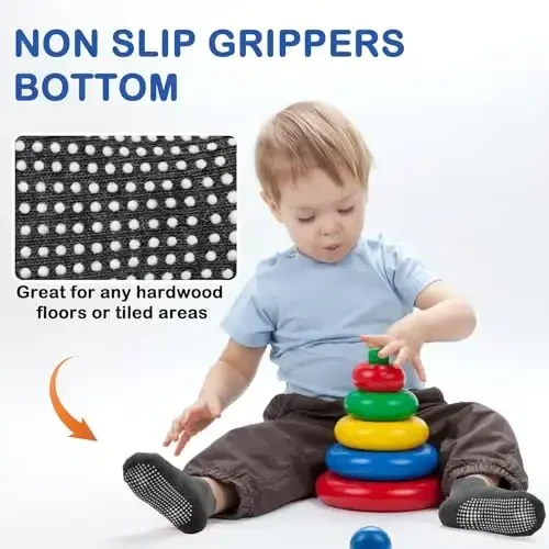 SkiBeaut 12 Pairs Toddler Non Slip Kid Boy Girl Socks with Grips, Toddlers Child Anti Skid Sticky Gripper Socks 1-7 Years Old - 3