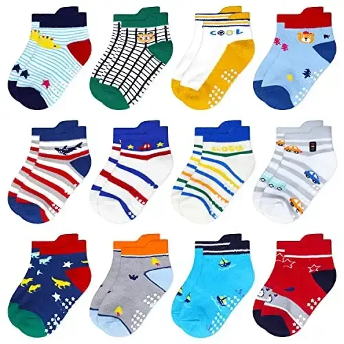 SkiBeaut Toddlers Kids Non Slip Socks Grips Sticky Slippery Crew Socks for 1-7 Years Old 12 Pairs Children Boys Girls Socks - 1