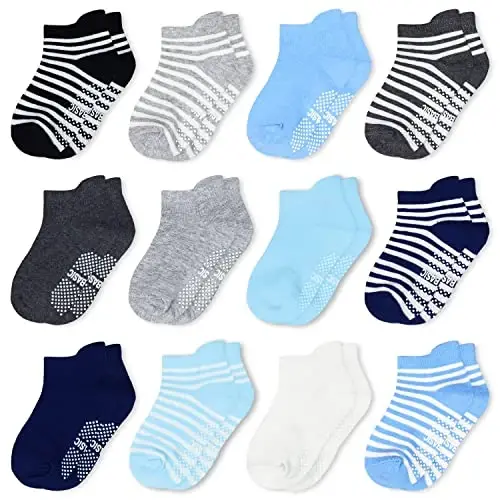 SkiBeaut Toddlers Kids Non Slip Socks Grips Sticky Slippery Crew Socks for 1-7 Years Old 12 Pairs Children Boys Girls Socks 