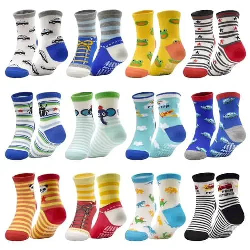 SkiBeaut Toddlers Kids Non Slip Socks Grips Sticky Slippery Crew Socks for 1-7 Years Old 12 Pairs Children Boys Girls Socks 