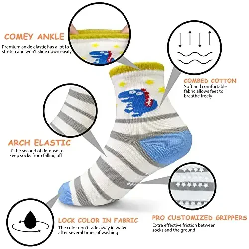SkiBeaut Toddlers Kids Non Slip Socks Grips Sticky Slippery Crew Socks for 1-7 Years Old 12 Pairs Children Boys Girls Socks - 4