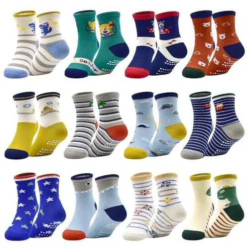 SkiBeaut Toddlers Kids Non Slip Socks Grips Sticky Slippery Crew Socks for 1-7 Years Old 12 Pairs Children Boys Girls Socks - SKIBEAUT