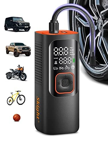 Skight Tire Inflator Portable Air Compressor - Powerful 160PSI & 2X Faster, Accurate Pressure LCD Display, Cordless Easy Operation - Portable Air Pump for Car, Motorcycle, E-Bike, Ball - Skight
