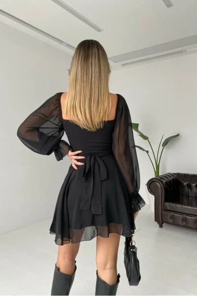 Skirt and Top Look Lined Chiffon Black Evening Dress - 2