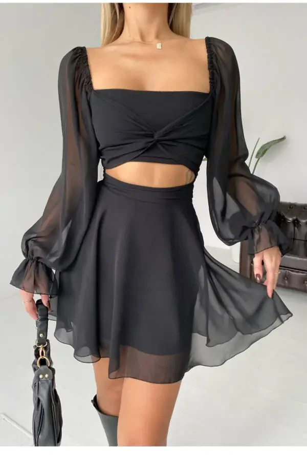 Skirt and Top Look Lined Chiffon Black Evening Dress - 5