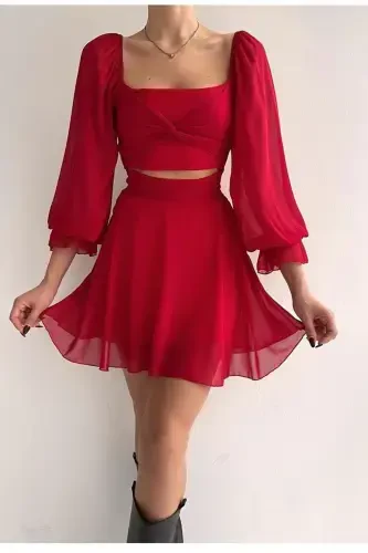 Skirt and Top Look Lined Chiffon Fabric One Piece Short Red Evening Dress 013-RED CHIFFON 013 - 1