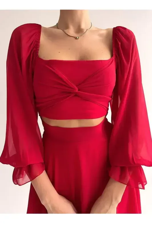 Skirt and Top Look Lined Chiffon Fabric One Piece Short Red Evening Dress 013-RED CHIFFON 013 - 2