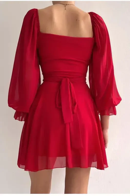 Skirt and Top Look Lined Chiffon Fabric One Piece Short Red Evening Dress 013-RED CHIFFON 013 - 3