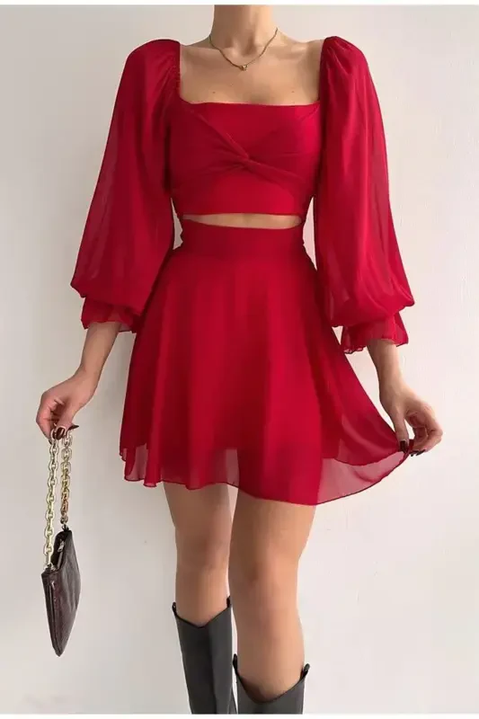 Skirt and Top Look Lined Chiffon Fabric One Piece Short Red Evening Dress 013-RED CHIFFON 013 - 4