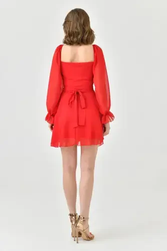 Skirt and Top Look Lined Chiffon Fabric One Piece Short Red Evening Dress 013-RED CHIFFON 013 - 6