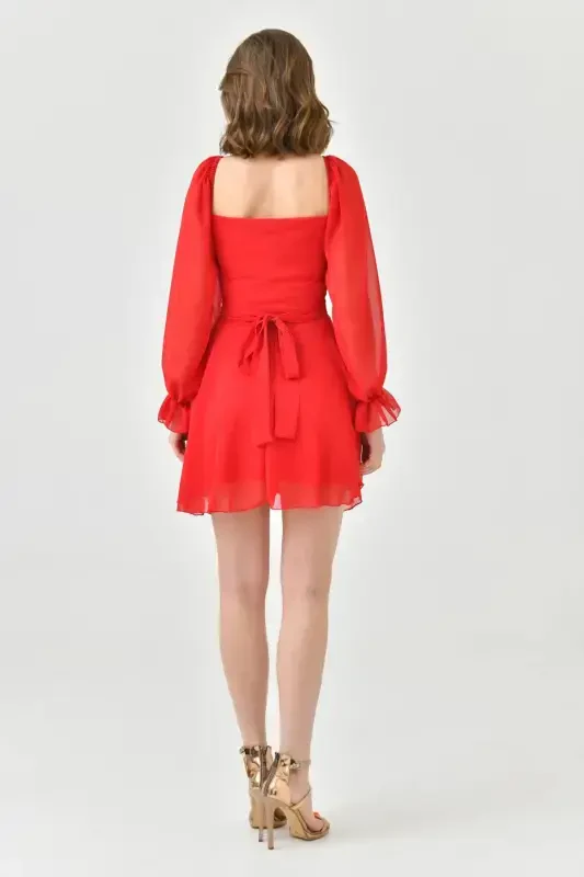 Skirt and Top Look Lined Chiffon Fabric One Piece Short Red Evening Dress 013-RED CHIFFON 013 - 6