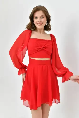 Skirt and Top Look Lined Chiffon Fabric One Piece Short Red Evening Dress 013-RED CHIFFON 013 - 7
