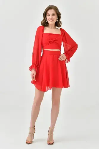 Skirt and Top Look Lined Chiffon Fabric One Piece Short Red Evening Dress 013-RED CHIFFON 013 - 8