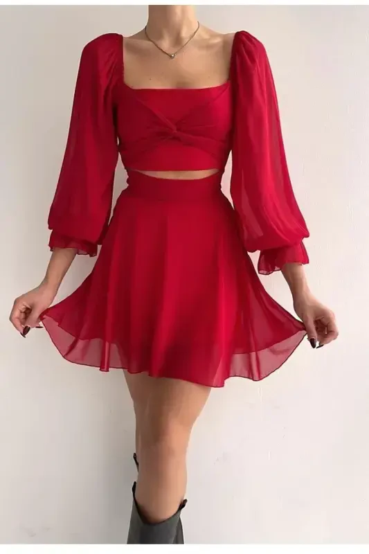 Skirt and Top Look Lined Chiffon Fabric One Piece Short Red Evening Dress 013-RED CHIFFON 013 - Modazone
