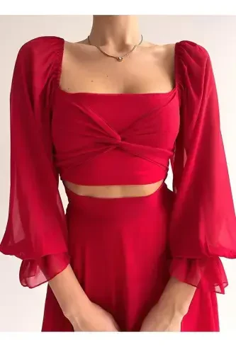 Skirt and Top Look Lined Chiffon Fabric One Piece Short Red Evening Dress 013-RED CHIFFON 013 - Modazone (1)