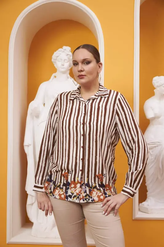 Skirt Floral Patterned Voile Viscose Plus Size Coffee Shirt - BÜYÜKBEDENIZ