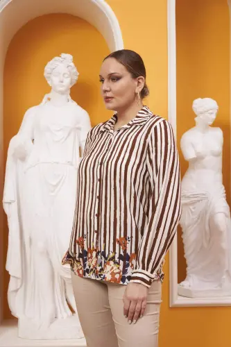 Skirt Floral Patterned Voile Viscose Plus Size Coffee Shirt - BÜYÜKBEDENIZ (1)