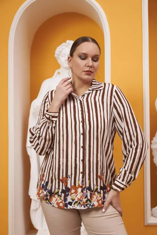 Skirt Floral Patterned Voile Viscose Plus Size Coffee Shirt - 3