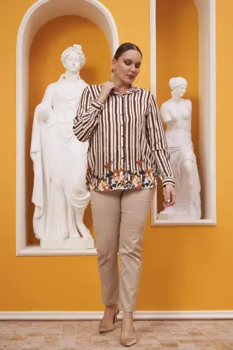 Skirt Floral Patterned Voile Viscose Plus Size Coffee Shirt - 5