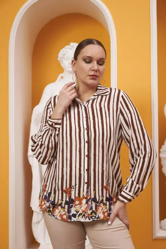Skirt Floral Patterned Voile Viscose Plus Size Coffee Shirt - 3