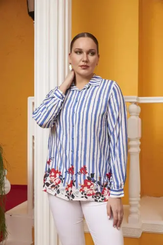Skirt Floral Patterned Voile Viscose Plus Size Indigo Shirt - 7