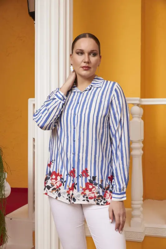 Skirt Floral Patterned Voile Viscose Plus Size Indigo Shirt - 7