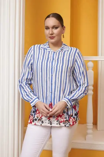 Skirt Floral Patterned Voile Viscose Plus Size Indigo Shirt - 1