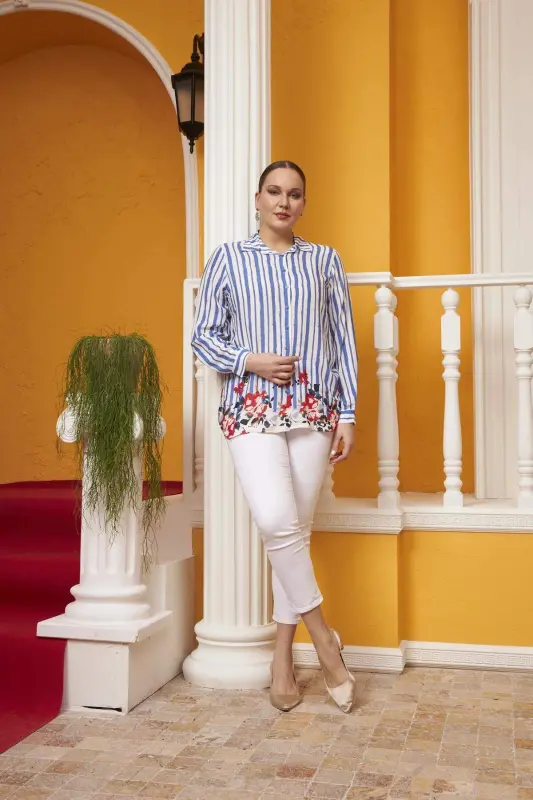 Skirt Floral Patterned Voile Viscose Plus Size Indigo Shirt - 9