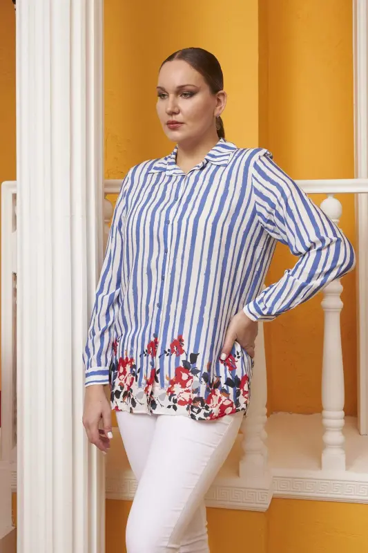 Skirt Floral Patterned Voile Viscose Plus Size Indigo Shirt - 2