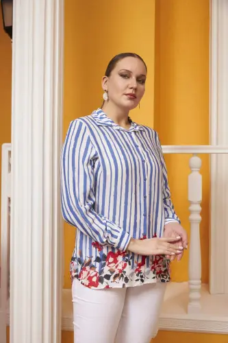 Skirt Floral Patterned Voile Viscose Plus Size Indigo Shirt - 3