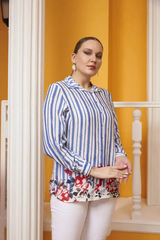 Skirt Floral Patterned Voile Viscose Plus Size Indigo Shirt - 3