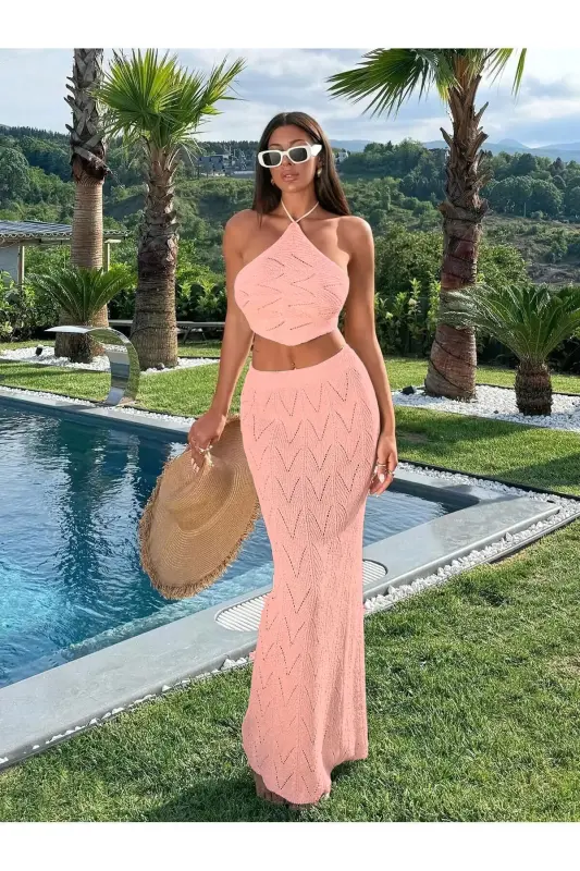 Skirted Pink Pareo Beach Set-Ecru - PUELLA