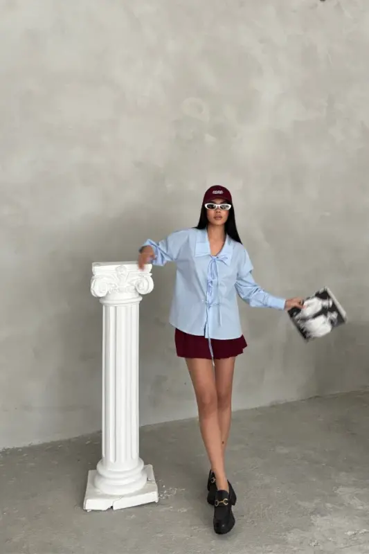 ШКОЛЬНАЯ БЛУЗКА-ПОПЛИН С ЗАВЯЗКАМИ - Светло-голубой - BÜYÜKBEDENIZ