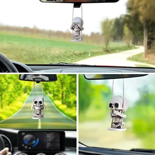 Skull Decor for Rear View Mirror Accessories Spooky Halloween Tree Ornaments Swinging Skeleton Hanging Ornament Car Charms Truck Stuff for Men Women Auto Stuff Jeeps Goth Mothers Gifts for Mom Wife - 3
