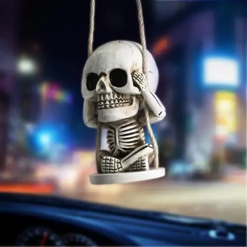 Skull Decor Rear View Mirror Accessories Car Decorations Gothic Christmas Tree Hanging Ornaments Swing Skeleton Cars Pendants Horror Gift for Men Women Teens Cool Thing White Elephant Gifts for Adults - 3