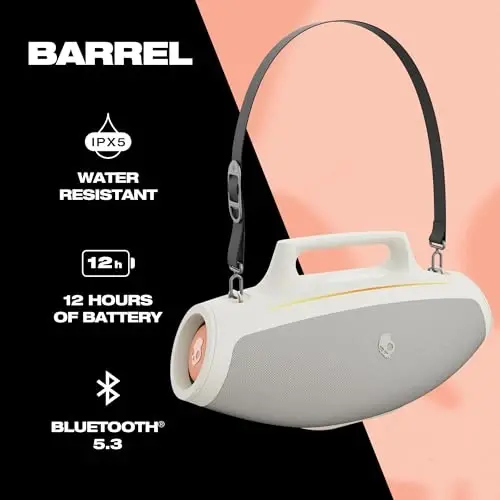 Skullcandy Barrel Bluetooth Boombox dinamigi – suvga chidamli simsiz portativ dinamik, LED yorug'lik shousi rejimi, 12 soatlik batareya, Multi-Link va USB-C va USB-A chiqish zaryadlash (Bone) - 2