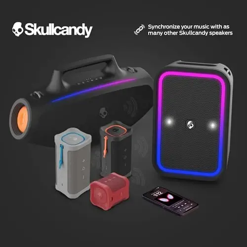 Skullcandy Barrel Bluetooth Boombox dinamigi – suvga chidamli simsiz portativ dinamik, LED yorug'lik shousi rejimi, 12 soatlik batareya, Multi-Link va USB-C va USB-A chiqish zaryadlash (Bone) - 5