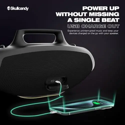 Skullcandy Barrel Bluetooth Boombox dinamigi – suvga chidamli simsiz portativ dinamik, LED yorug'lik shousi rejimi, 12 soatlik batareya, Multi-Link va USB-C va USB-A chiqish zaryadlash (Bone) - 6