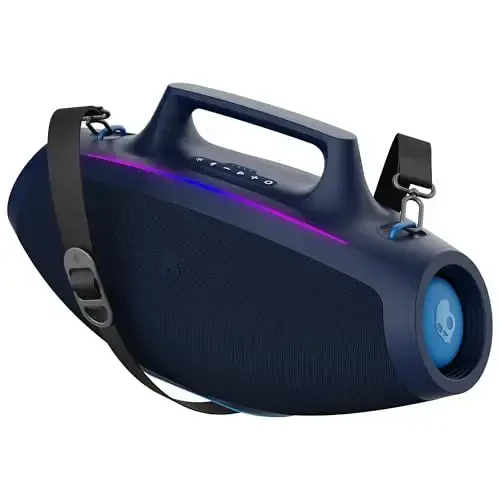 Skullcandy Barrel Bluetooth Boombox Speaker – Water-Resistant Wireless Portable Speaker, with LED Lightshow Mode, 12 Hour Battery, Multi-Link, & USB-C & USB-A Output Charging (Navy) 